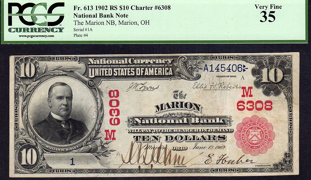 Marion, Ohio, Ch.#6308, Marion NB, 1902 Red Seal $10 Serial Number One, Ch.VF, PCGS-35